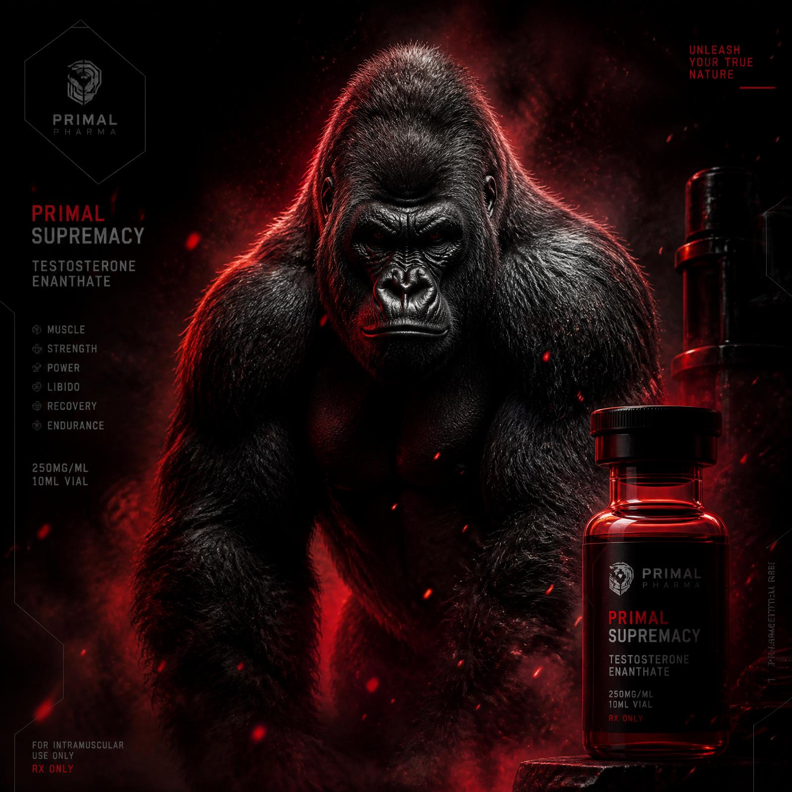 Powerful muscular gorilla lit in deep red, the emblem of the Gorilla Labs brand